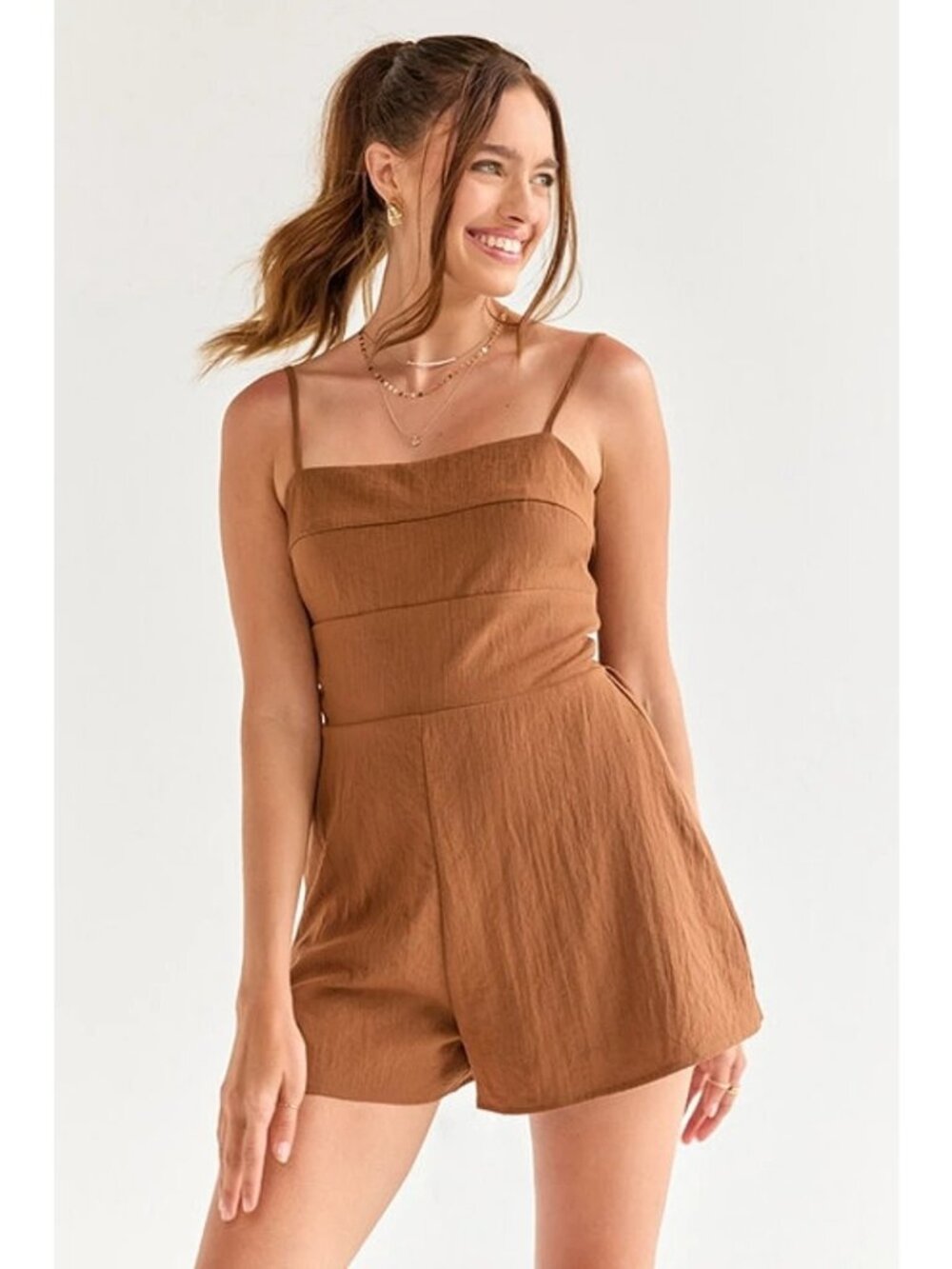 Mi Ami For Francescas Esther Romper Large Square Neck Bow Back Brown Summer NEW